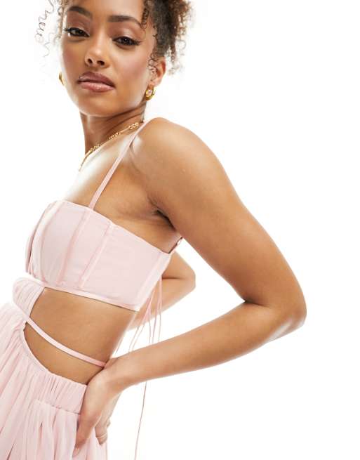 ASOS DESIGN corset detail cut out strappy midi skater dress in baby pink ASOS