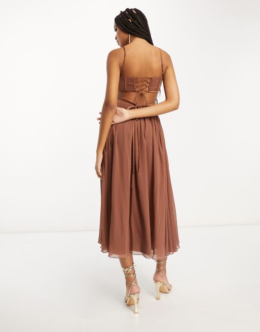 ASOS DESIGN corset detail cut out strappy midi skater dress in chocolate