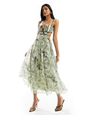 ASOS DESIGN corset detail cut out strappy midi skater dress in green vintage floral print