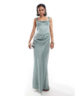 Shop Asos Design Corset Detail Draped Satin Maxi Dress With Lace Up Back In Green