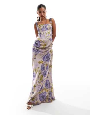 Asos Design Corset Detail Draped Satin Maxi Dress With Lace Up Back In Soft Floral Print-multi