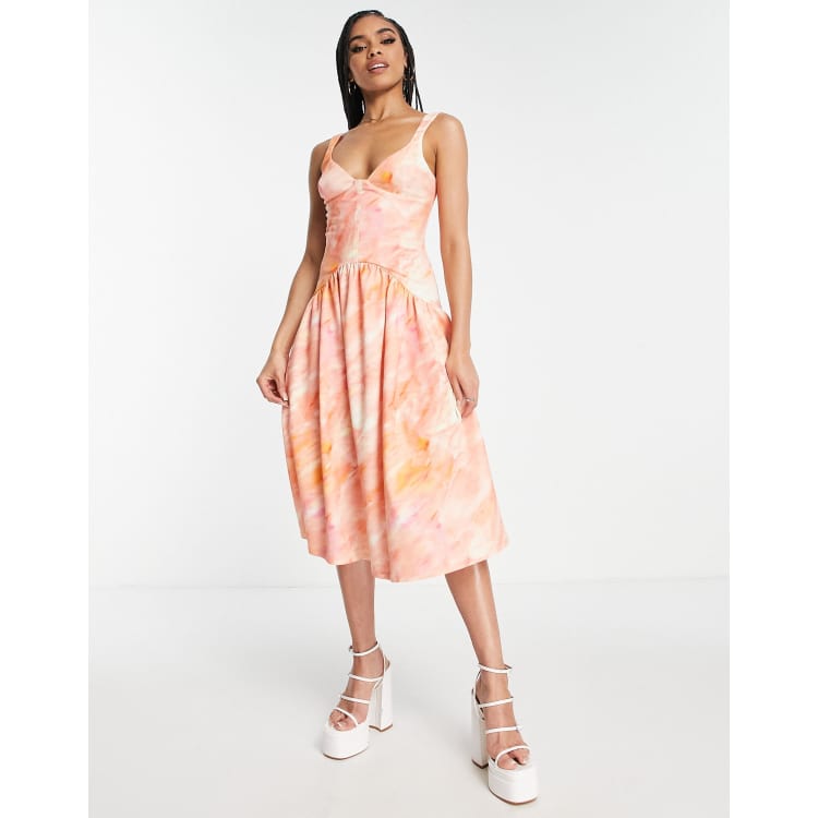 ASOS DESIGN corset detail drop waist midi dress in pink and orange tie dye