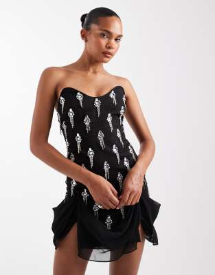 Asos Design Corset Detail Embellished Drape Mini Dress In Black