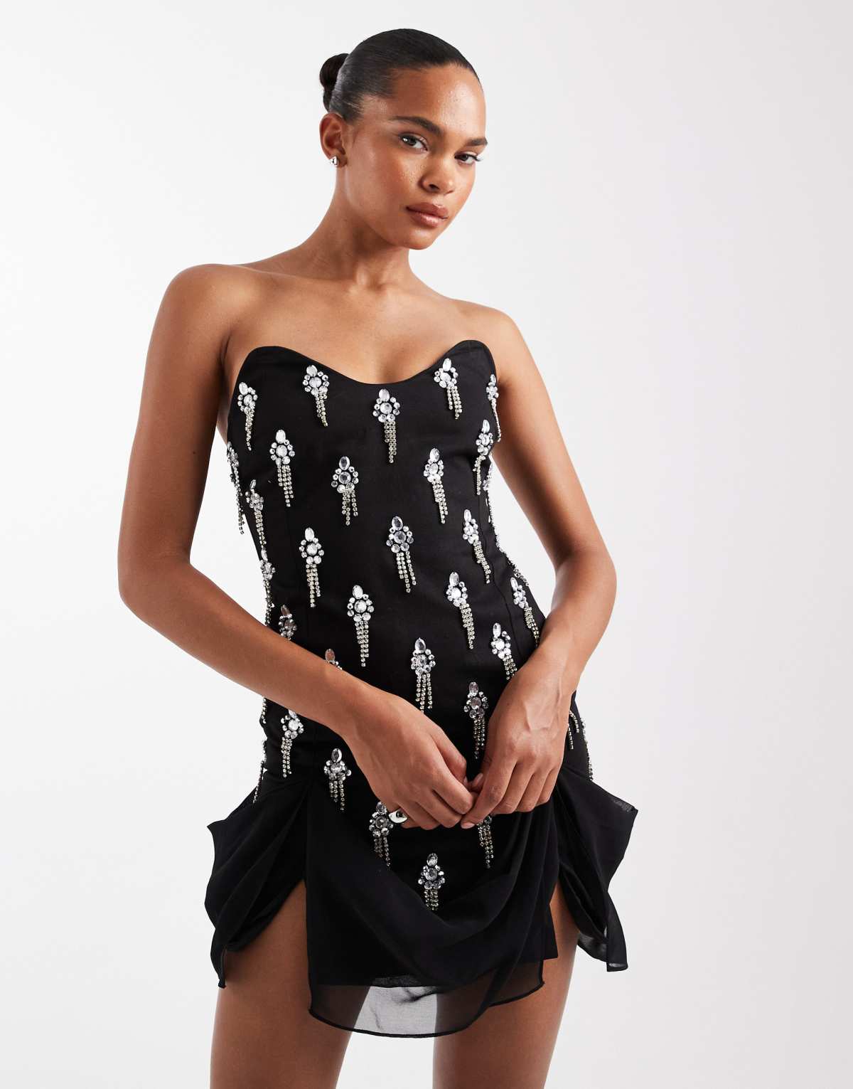 ASOS DESIGN corset detail embellished drape mini dress in black