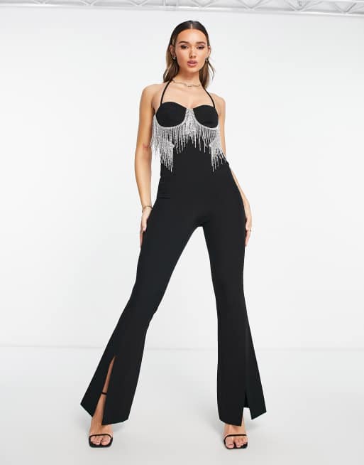 ASOS DESIGN corset detail jumpsuit with embellished fringe in black