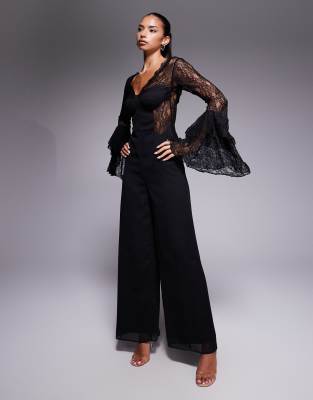 Asos Design Corset Detail Jumpsuit With Lace Ruffle Sleeves In Black
