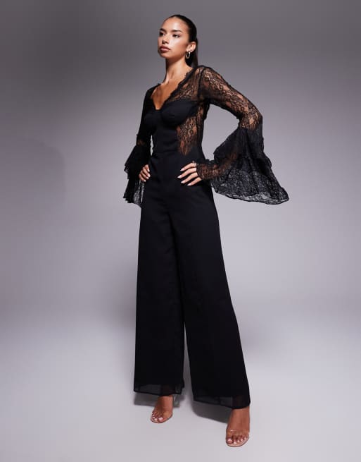 ASOS DESIGN corset detail jumpsuit with lace ruffle sleeves in black, 2 of 4