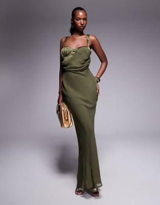 Asos Design Corset Detail Maxi Dress In Khaki-green