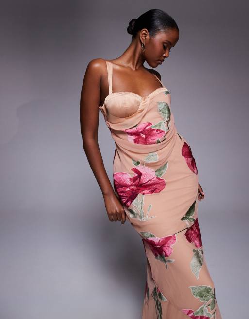 ASOS DESIGN corset detail maxi dress in overscale floral burnout print, 2 of 4
