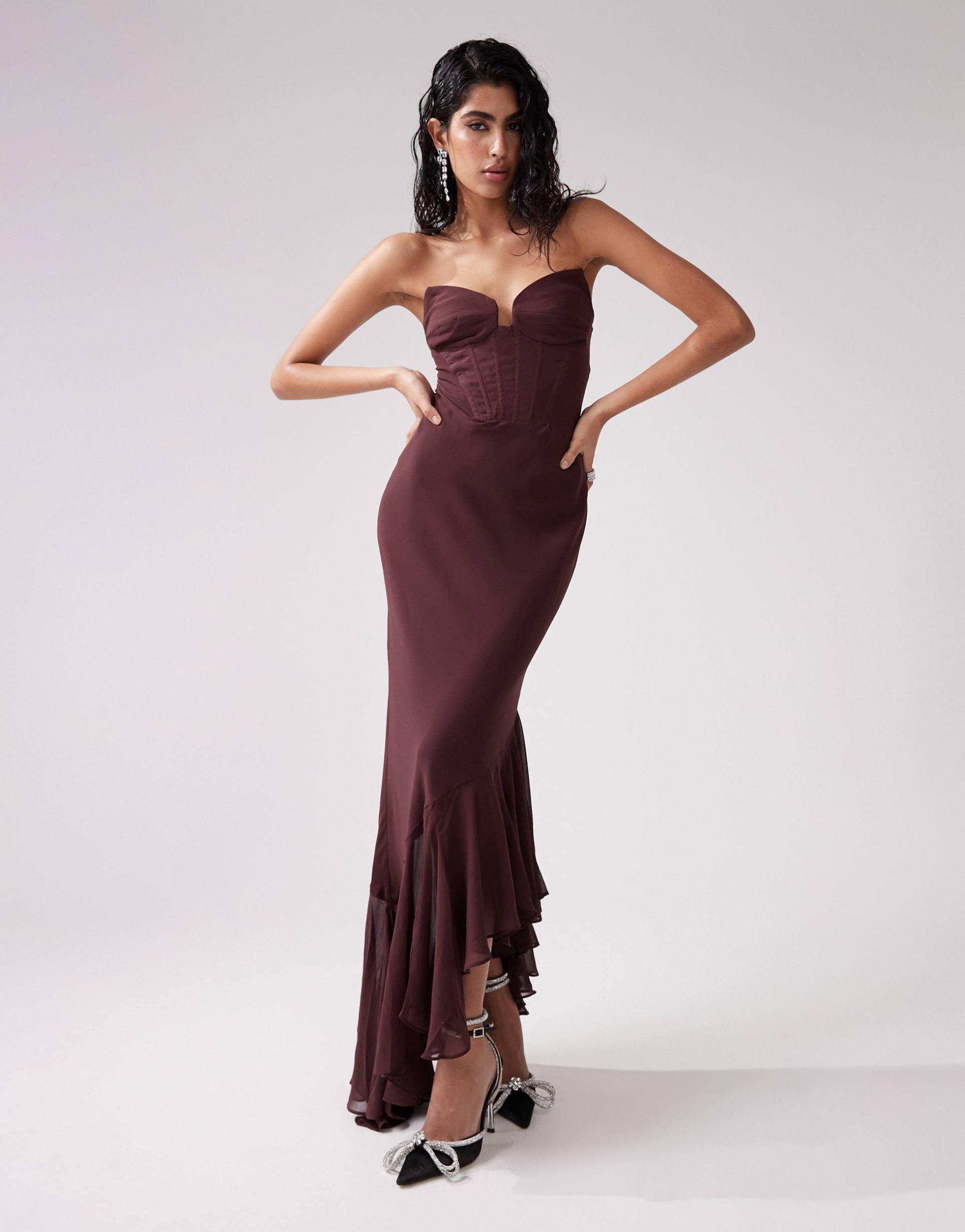 asos design corset detail maxi dress with asymmetric ruffle hem in burgundy