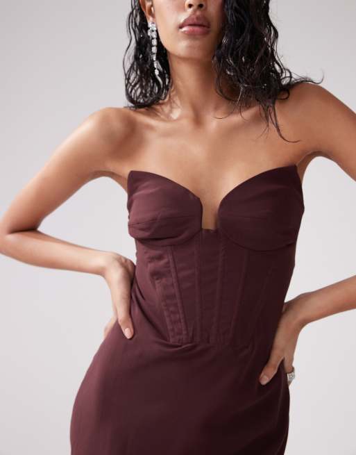 ASOS DESIGN corset detail maxi dress with asymmetric ruffle hem in burgundy