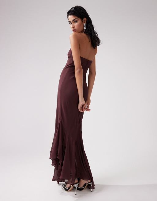 ASOS DESIGN corset detail maxi dress with asymmetric ruffle hem in burgundy