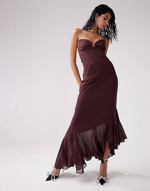 ASOS DESIGN corset detail maxi dress with asymmetric ruffle hem in burgundy