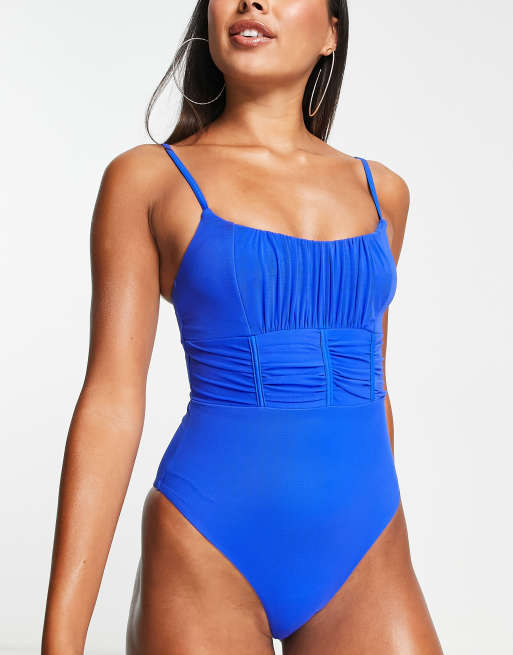 ASOS DESIGN Fuller Bust corset detail mesh swimsuit in khaki