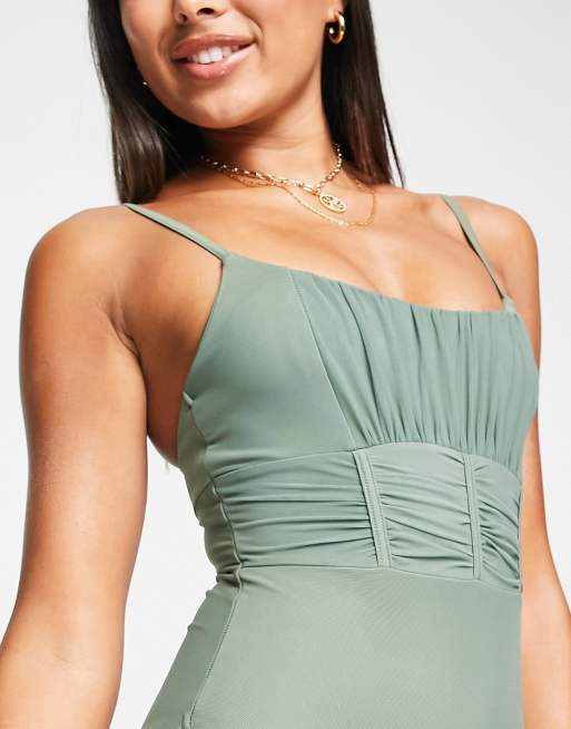 ASOS DESIGN corset detail mesh swimsuit in khaki