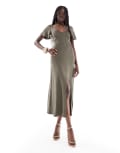 [ASOS DESIGN] ASOS DESIGN corset detail midi tea dress in khaki-Green 14 KHAKI