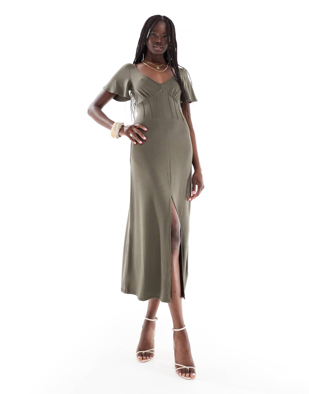 ASOS DESIGN corset detail midi tea dress in khaki