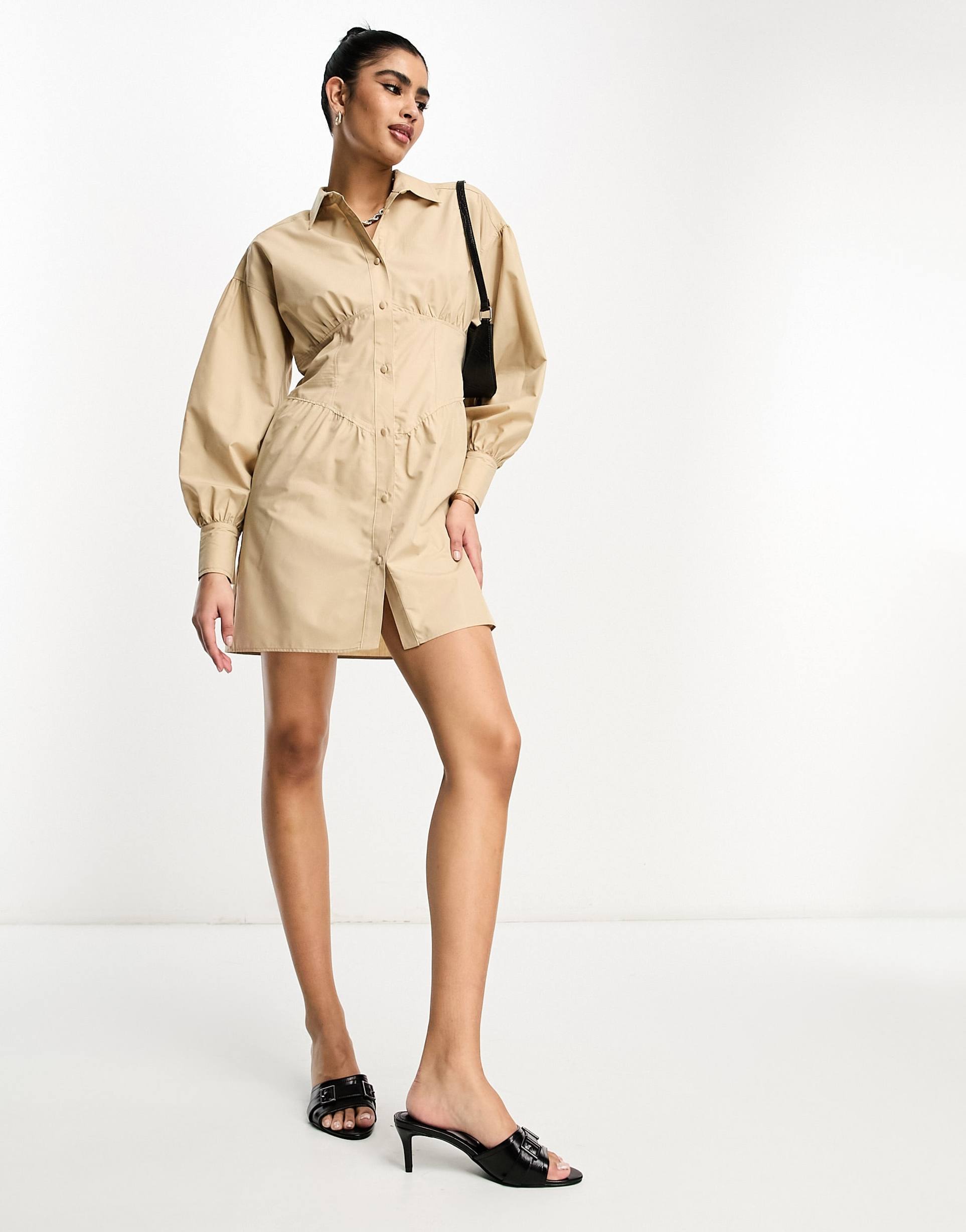 asos design corset detail mini shirt dress with balloon sleeves in camel