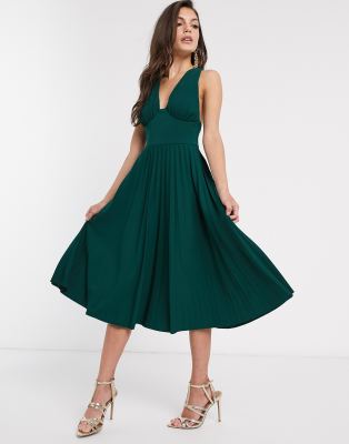 asos green pleated midi dress