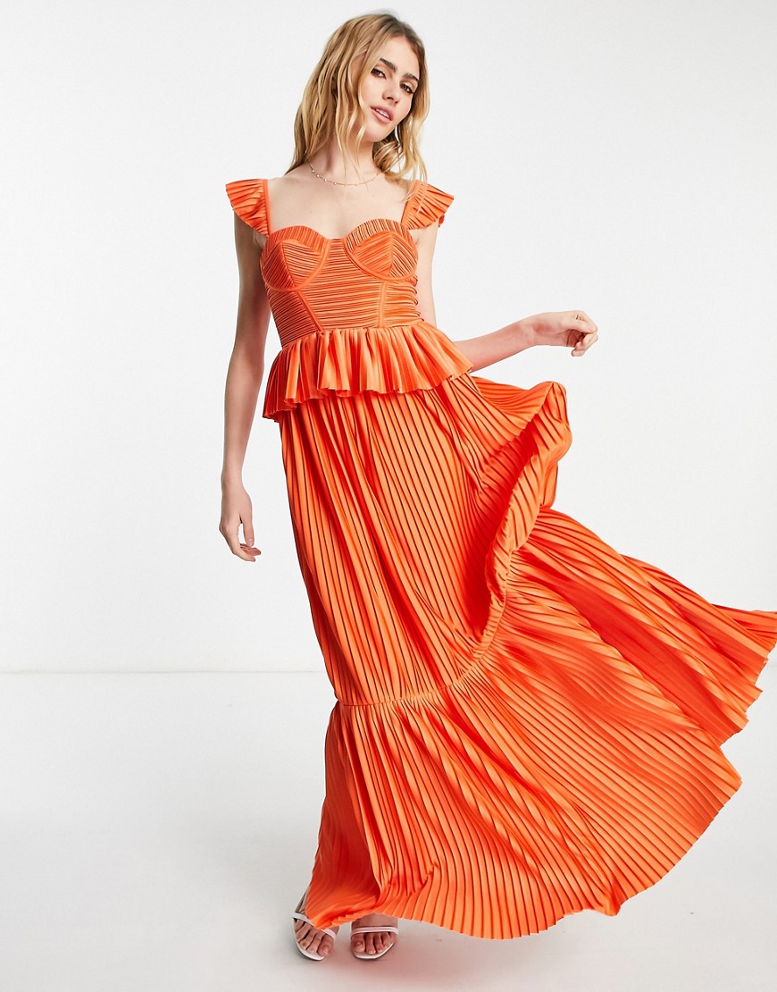 ASOS DESIGN corset detail pleated tiered maxi dress in orange-Multi