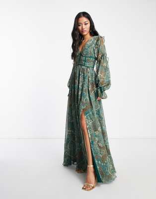 ASOS DESIGN corset detail plunge maxi dress in green with paisley print