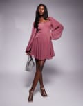 [ASOS DESIGN] ASOS DESIGN corset detail plunge ruched maxi dress with cutout in mauve-Purple 10 Mauve
