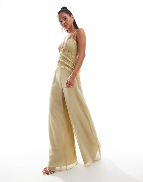 ASOS DESIGN corset detail raw edge wide leg jumpsuit in olive green - view 1