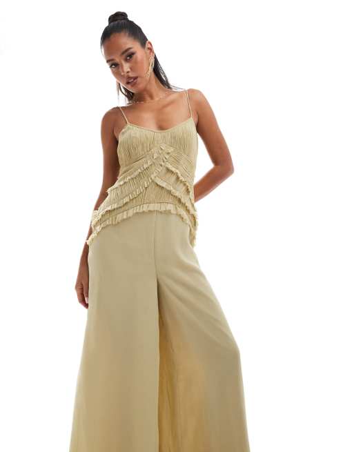 ASOS DESIGN corset detail raw edge wide leg jumpsuit in olive green , 2 of 4