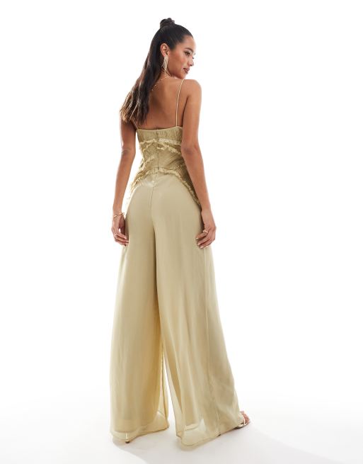 ASOS DESIGN corset detail raw edge wide leg jumpsuit in olive green , 4 of 4