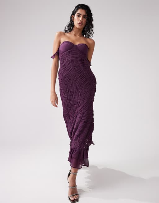 ASOS DESIGN corset detail shirred midi dress in purple