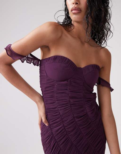 ASOS DESIGN corset detail shirred midi dress in purple, 3 of 4
