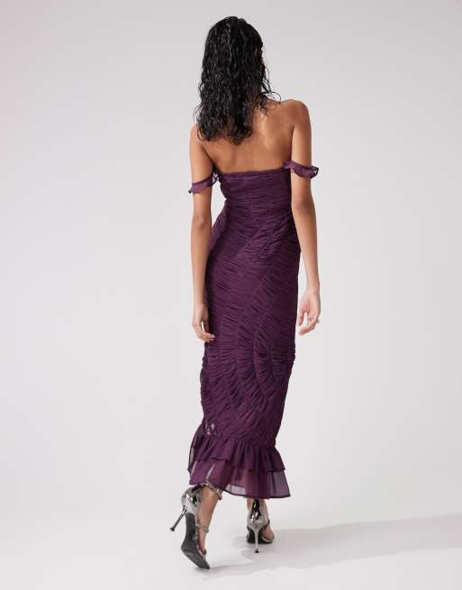 ASOS DESIGN corset detail shirred midi dress in purple, 4 of 4