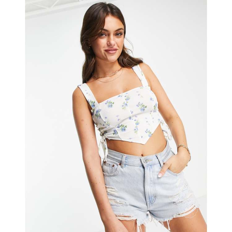 ASOS LUXE cotton corset top with cutwork detail and embellishment in pale  blue