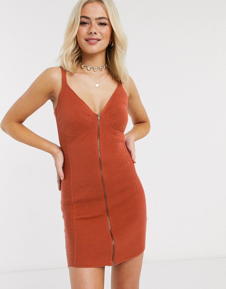 Asos Design Corset Detail Zip Through Knitted Mini Dress-red