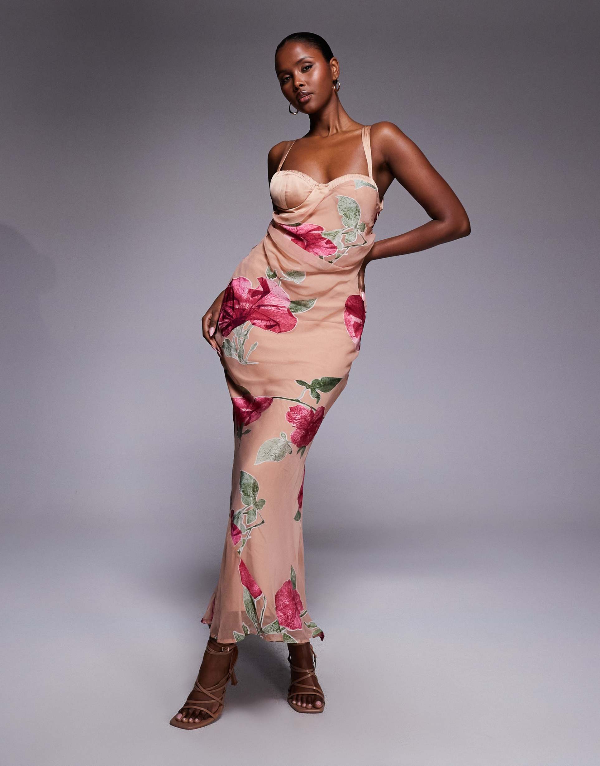 asos design corset detailing maxi dress in oversized floral burnout print