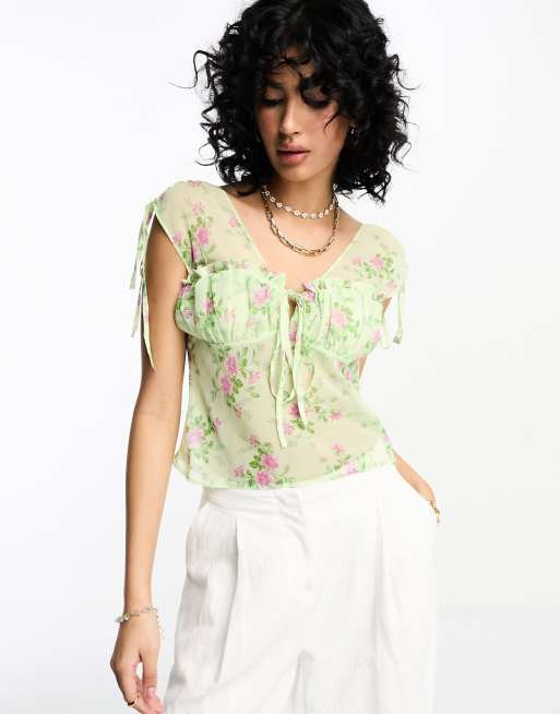 ASOS DESIGN - Corset doux au toucher avec buste froncé et imprimé fleuri - Violet/sauge