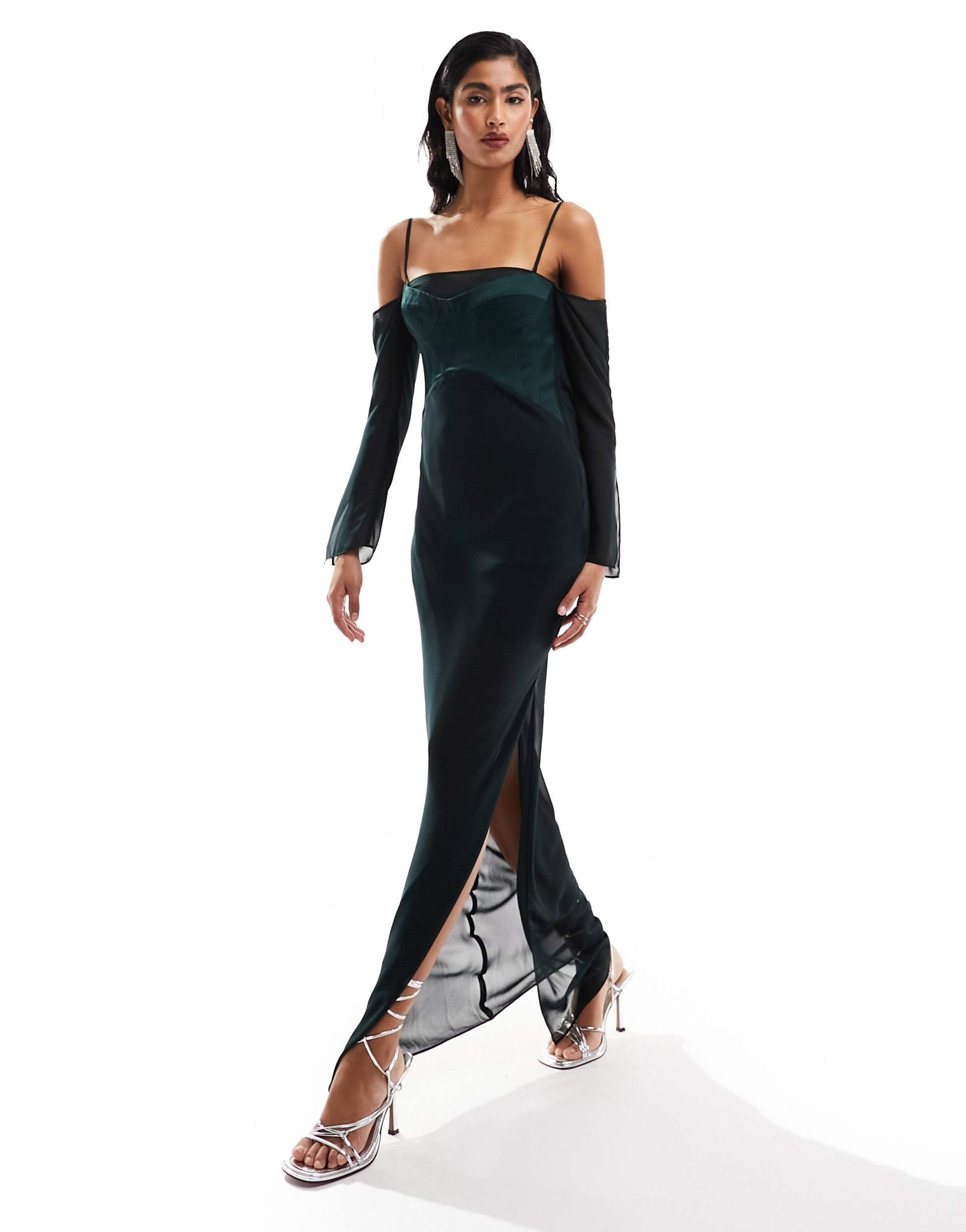 asos design corset drape back maxi dress in deep green