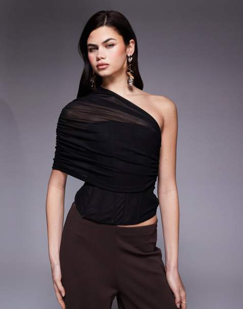 ASOS DESIGN - Corset en tulle avec cape superposée asymétrique - Noir - view 1