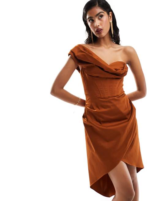 Asos Design Bonded Satin Drape Mini Dress In Rust-multi