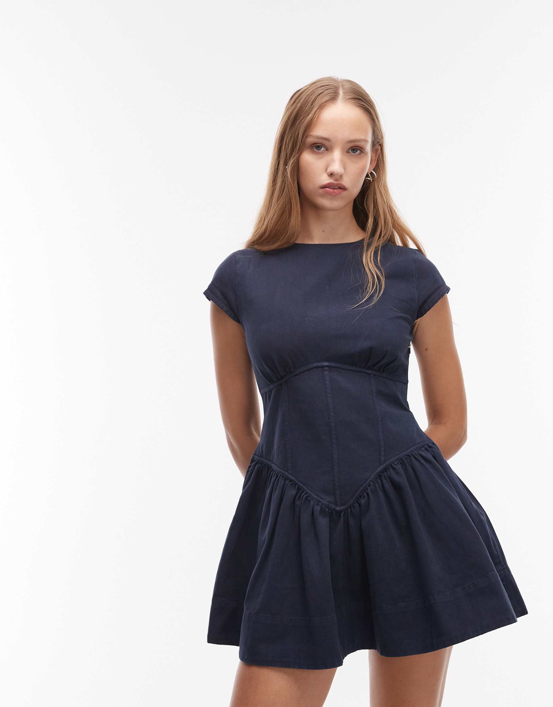 asos design corset inspired sleeveless mini dress in denim blue