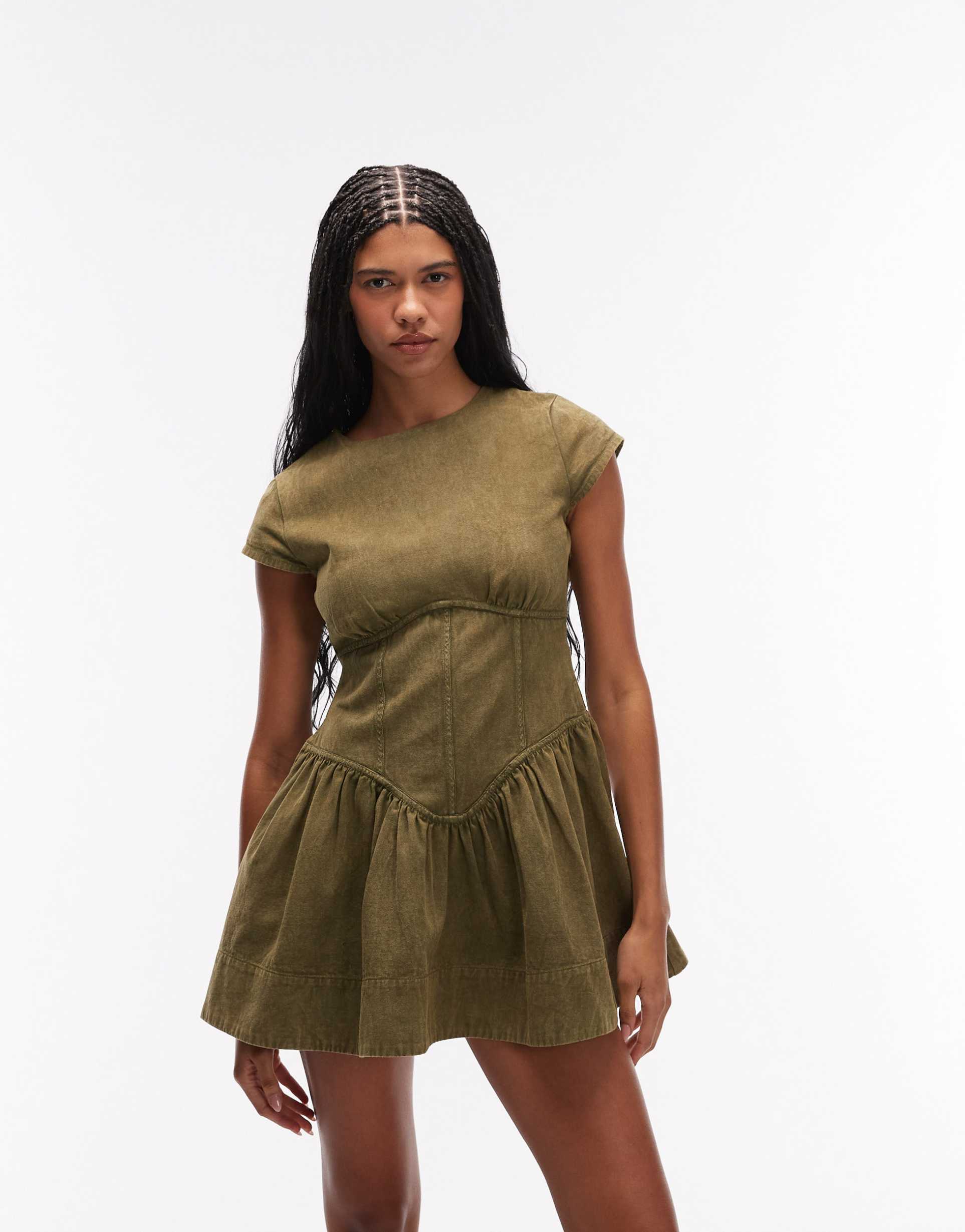 asos design corset inspired sleeveless mini dress in washed olive