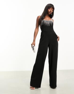 Asos Design Corset Jumpsuit With Diamante Fringe Detail In Black