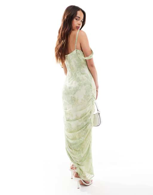 ASOS DESIGN corset lace chiffon mix paneled milkmaid midi dress in sage  floral print | ASOS