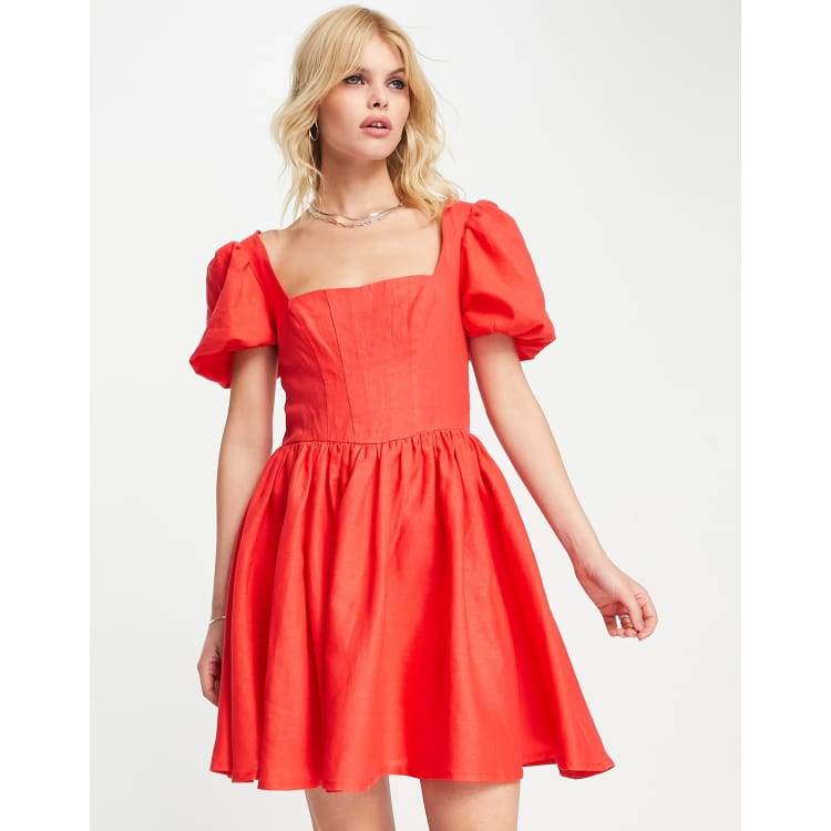 ASOS DESIGN corset linen mini skater dress with puff sleeve in red