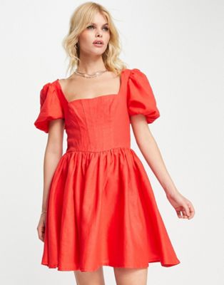 ASOS DESIGN corset linen mini skater dress with puff sleeves in red
