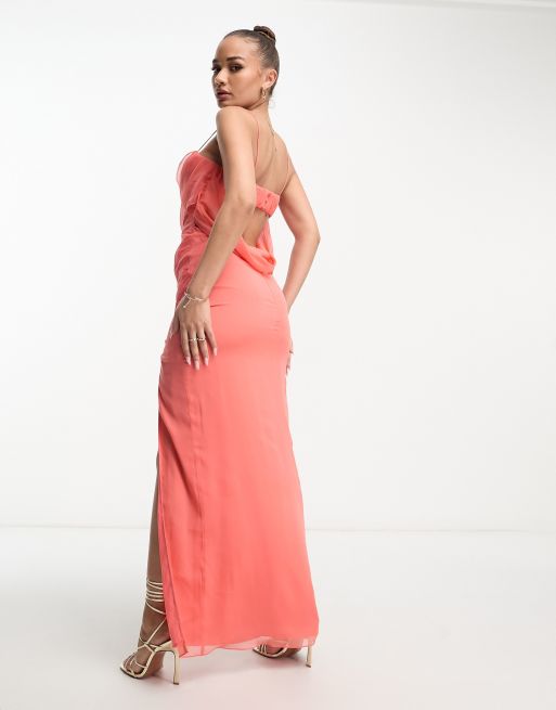 ASOS DESIGN corset maxi dress with soft cowl front in coral