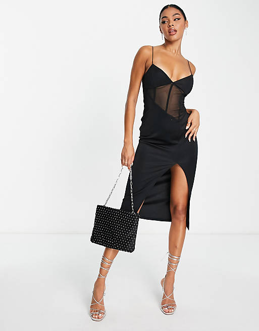 ASOS DESIGN corset mesh midi dress in black