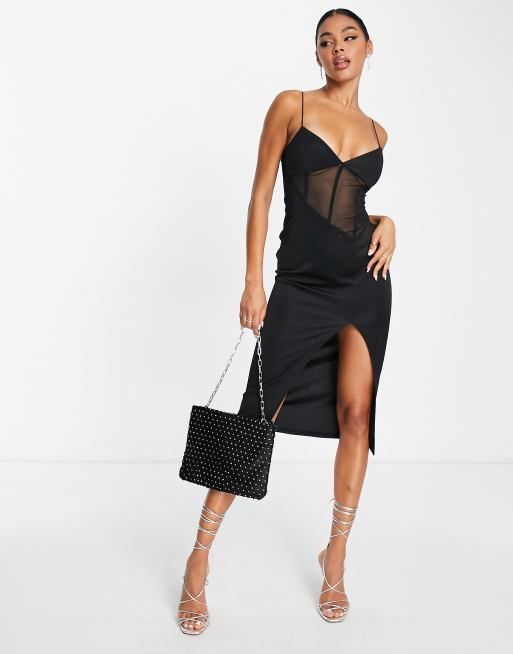 Black Corset Dress - Mesh Midi Dress - Bodycon Dress