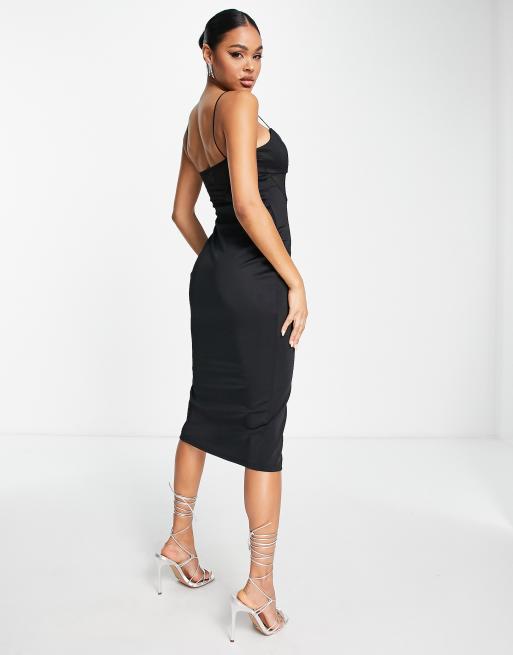 ASOS DESIGN premium mesh bandeau corset ruched midi dress in black