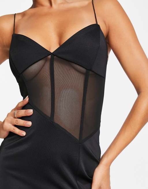 ASOS DESIGN off shoulder corset mesh detail bodysuit in black